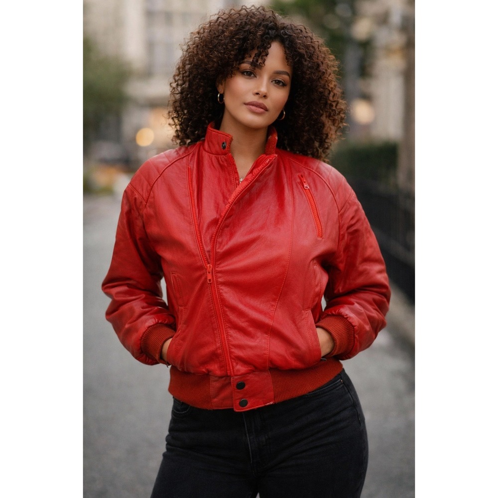 Marc‎ Ariane Vintage Red Leather Bomber Jacket Womens 12 Asymmetrical Zip 80s